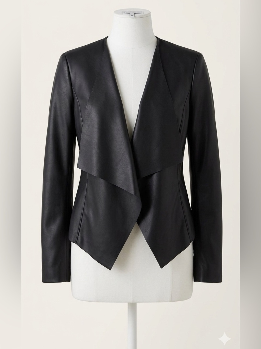 Zara Black Faux Leather Waterfall Draped Jacket XS Open Front Moto Blazer